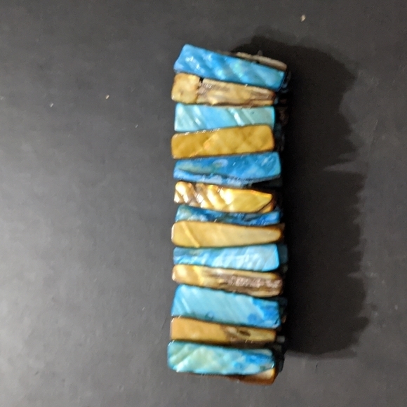 Brown and Blue Shell Spear Beaded Stretchy Elastic Statement Bracelet - Picture 2 of 4